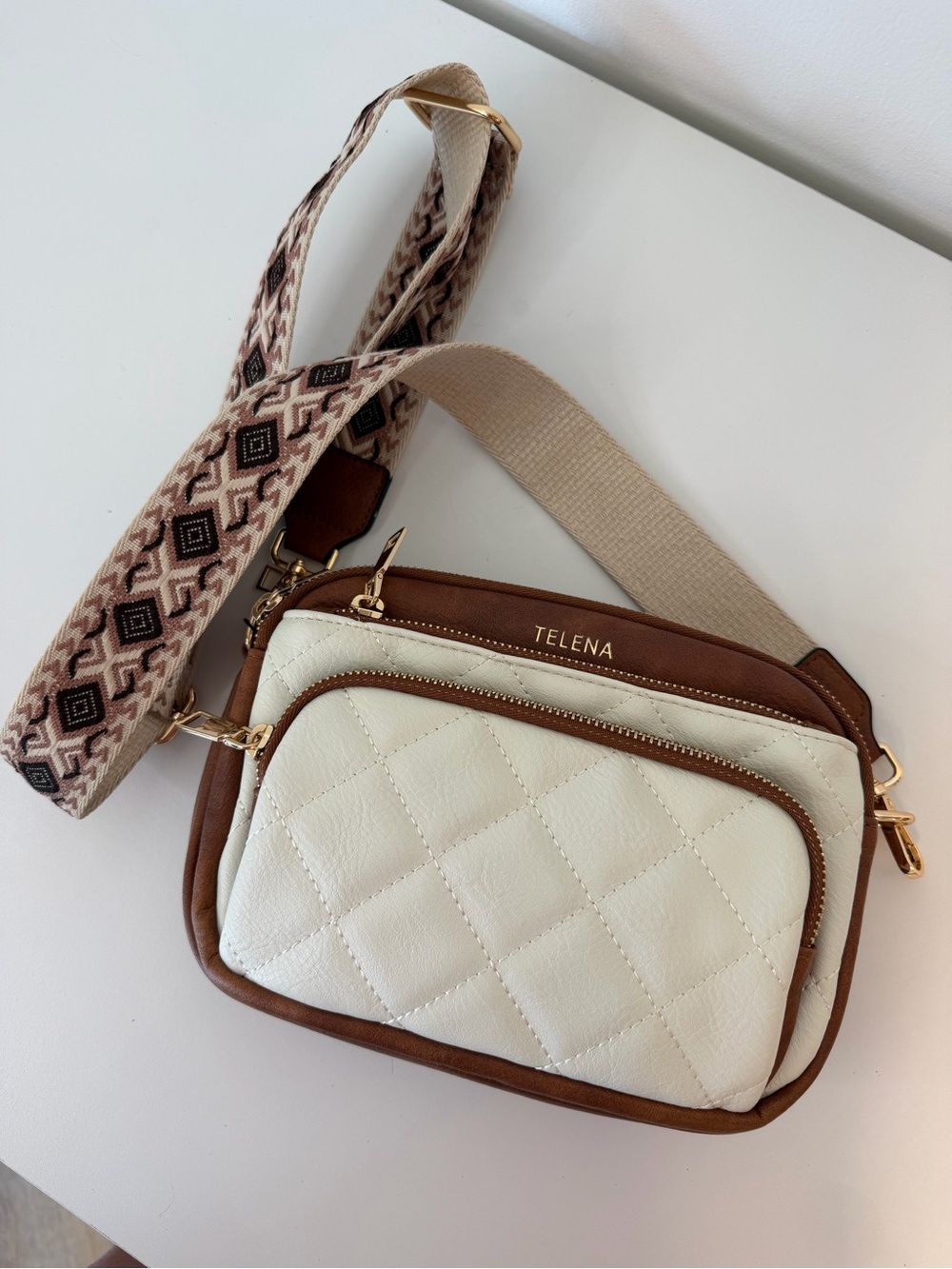 Telena Cream Brown Quilted Crossbody Bag Patterned Strap wide strap gold
